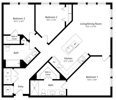 Floor plan for 3 beds, 2 baths, 1278 sqft